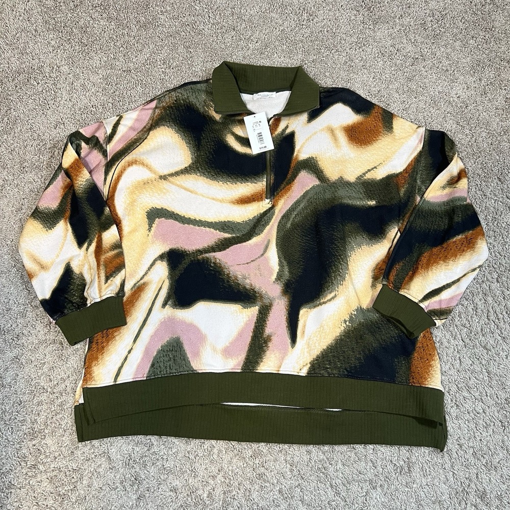 Westbound 100% Cotton 1/2 Zip Pullover 1X Multi Wavy Green Trim Breathable